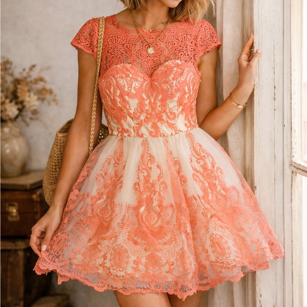 CHI CHI London Coral Lace Fit & Flare Dress Size 4 Prom Wedding Guest